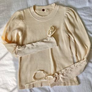 Free People Cream Knit Puff-Sleeve Sweater